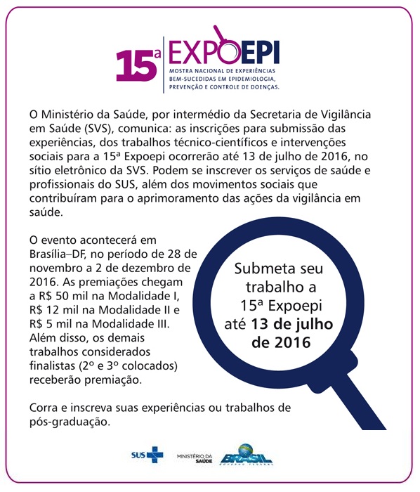 Submissão de trabalhos para EXPOEPI 2016 ocorrerá até 13 de julho