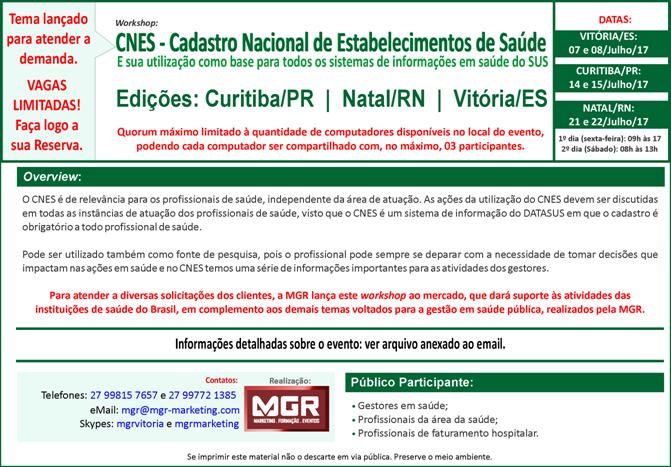 Workshop CNES e sua utilização como base para todos os sistemas de informação em saúde do SUS acontecerá em Natal em 21 e 22/7